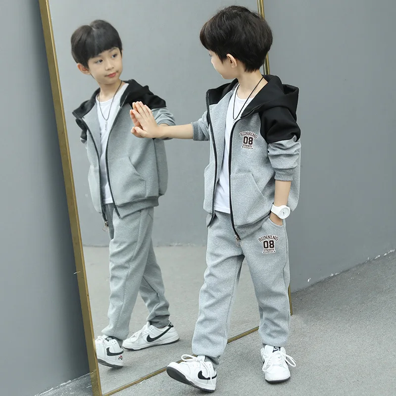 Contrast Kids Jogger Set Baby Boys Workout Fleece Hoodie+Elastic Sweatpant Sets Full Zip Hooded Child Tracksuit for 4-14 Years