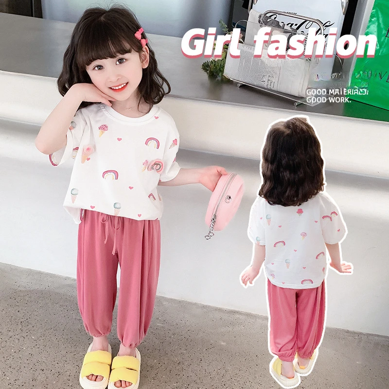 Kids Clothes Girls Summer Rainbow Print Tracksuit Children Cute Top & Lantern Pants 2pcs Set Teenage Fashion Outfit Sweet Suit