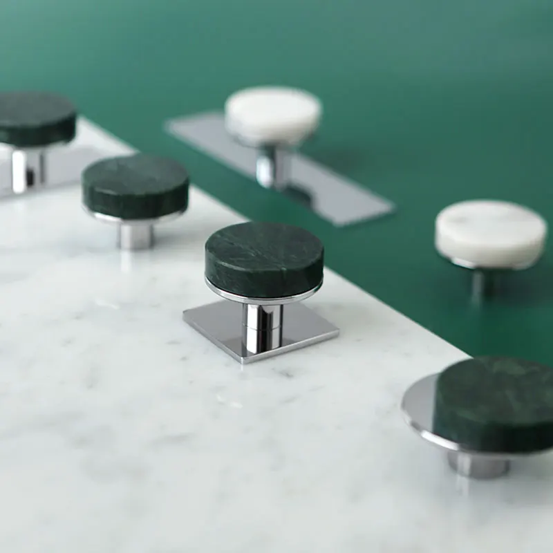 Solid Brass + Natural White Marble Cabinet Handles with Backplate Bright Chrome Green Stone Drawer Knobs Wardrobe Closet Pulls
