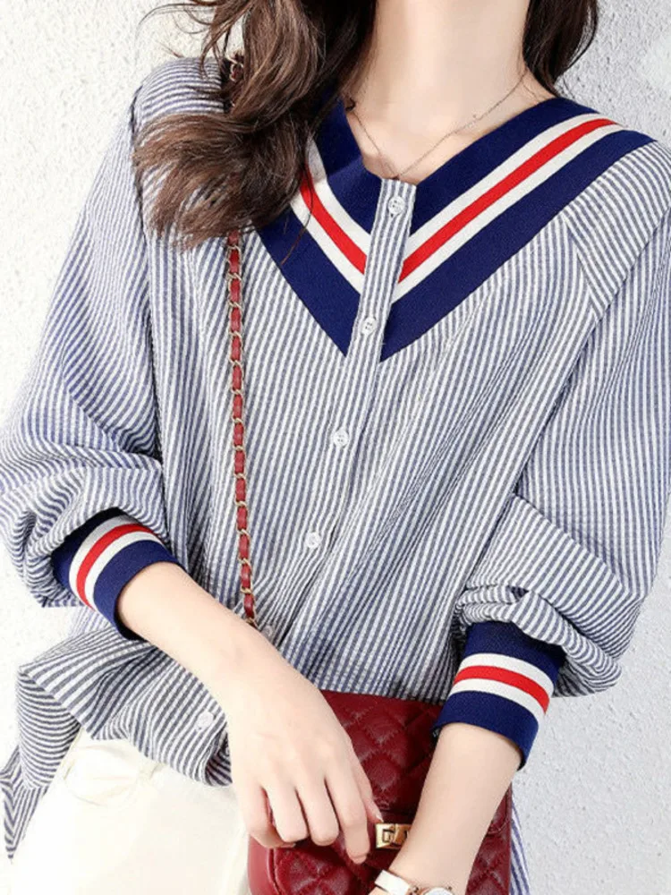 Temperament Stripe Korea Fashion College Loose Thin V-neck Shirt Women\'s Long Sleeve Cardigan Casual Coat Ladies Office