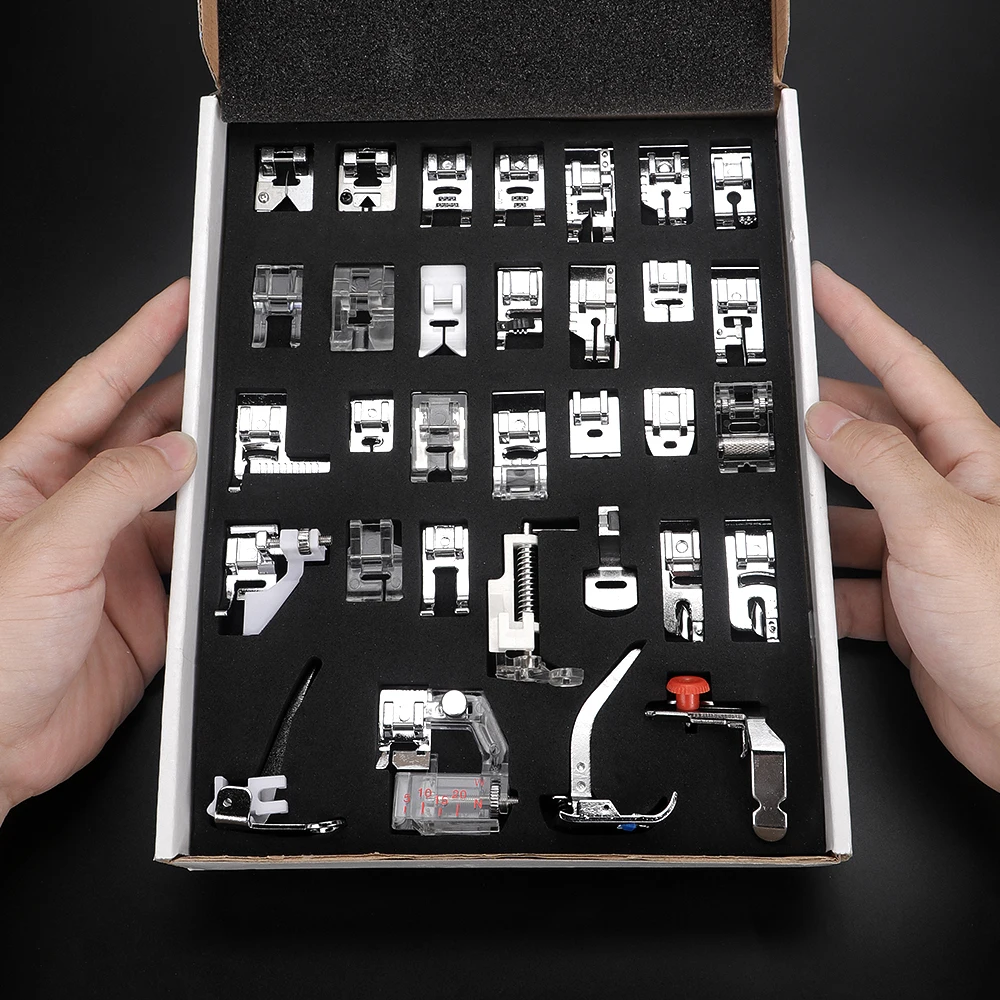 32-teiliges Pressfuß-Set mit Verriegelungskanten, Crimpfuß, multifunktionale Haushalts-Elektro-Nähmaschinen-Zubehör-Hardware