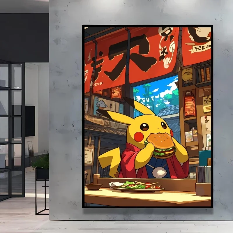 Pikachu Japanese Wave Style Canvas Wall Art Print, No Frame Anime Poster for Living Room Home Decor