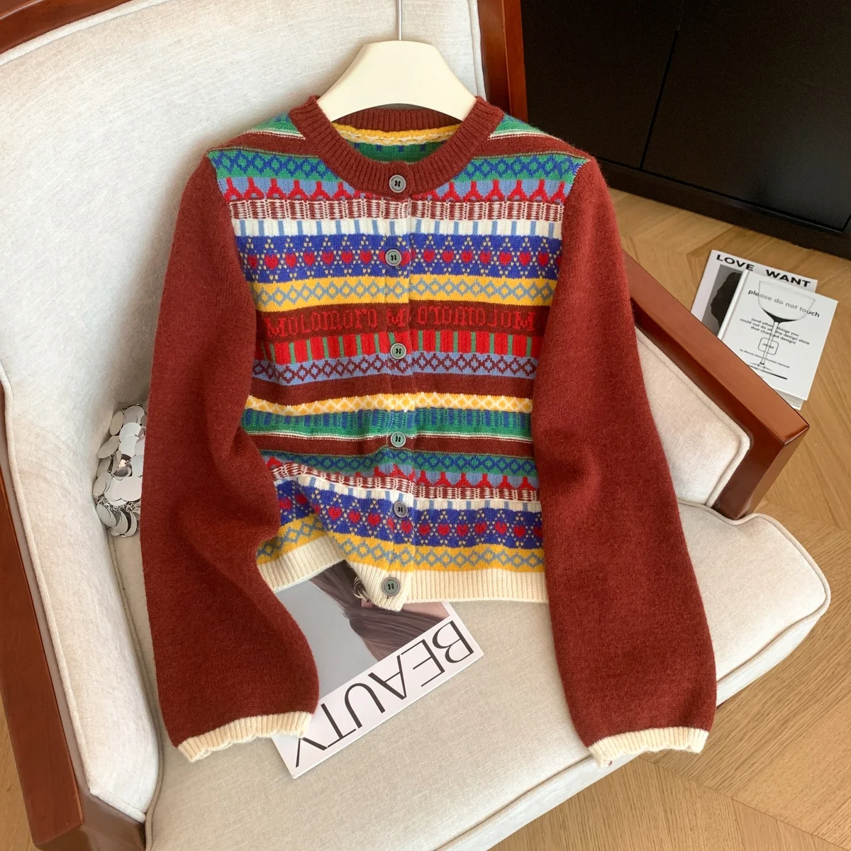 

Women's Colorful round Neck Long Sleeve Casual Sweater Y2K American High Street Fashion Retro Top Warm Sweater 2025 New Clothing