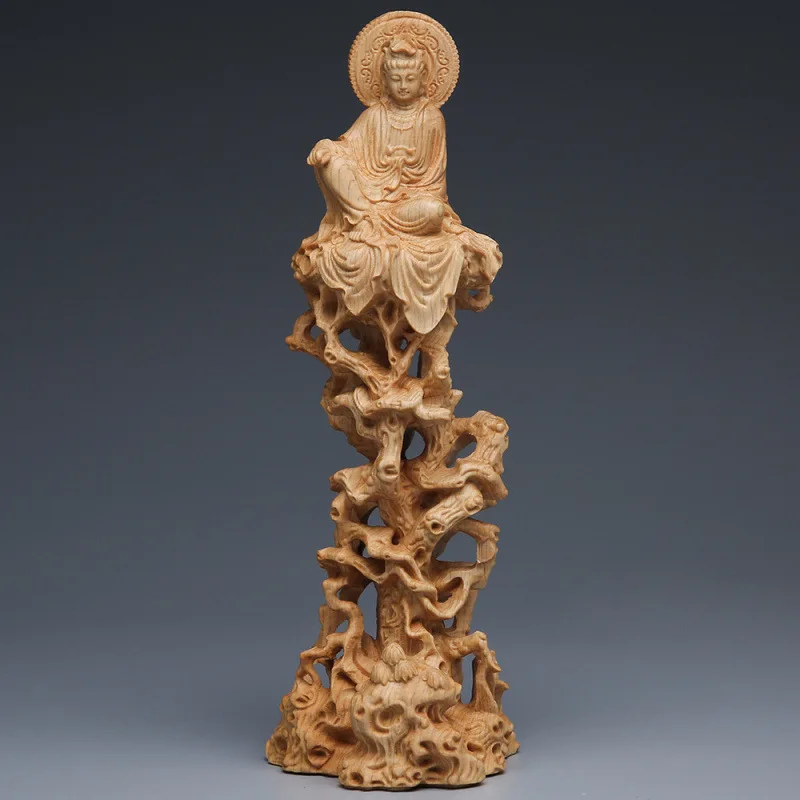 Thuja (Cypress) Root Wood Carving – Seated Guanyin Statue on Vines, Solid Wood Sculpture for Living Room Décor