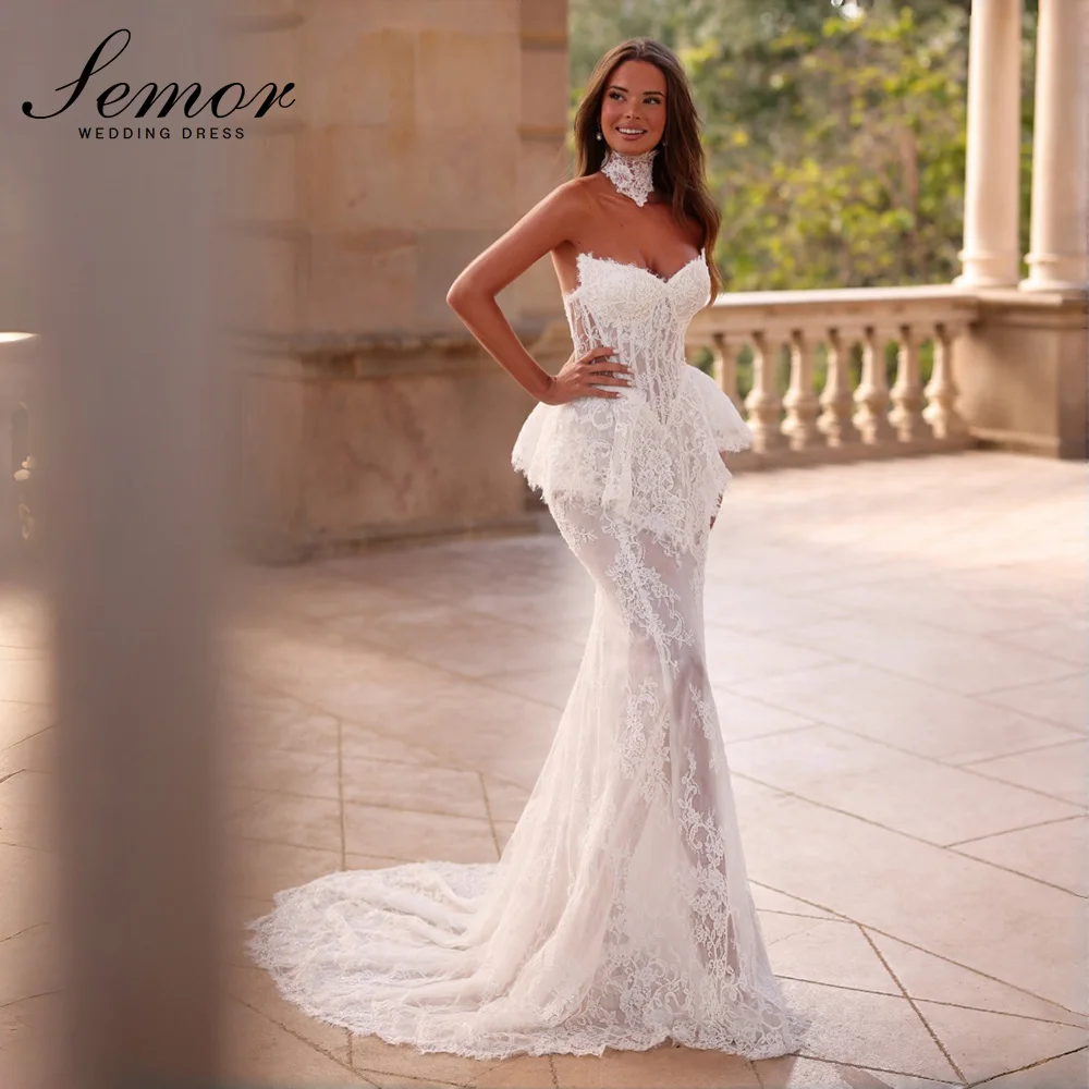 Semor Chic Strapless Lace Mermaid Bridal Gown Corset Wedding Dress With Fitted Silhouette Choker Customized Vestido De Novia
