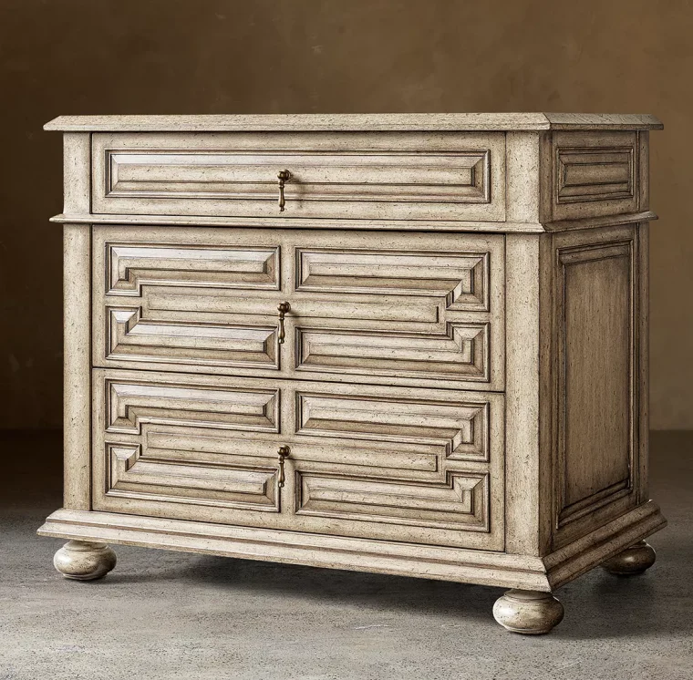 *Geometric Recessed Panel Drawer Nightstand Vintage Distressed Bleached Oak Wooden Bedside Cabinet for Bedroom
