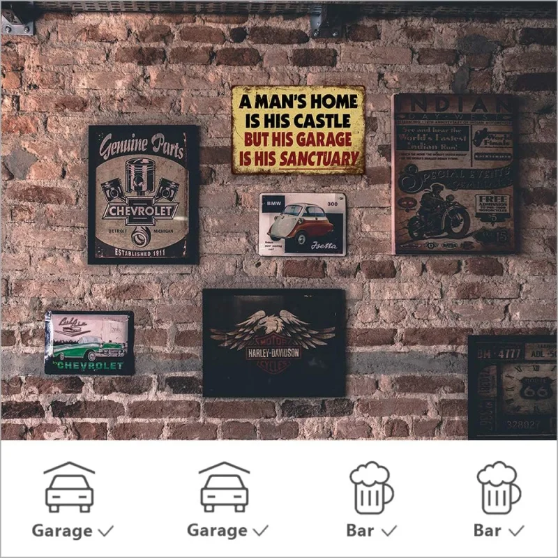 Retro Logo Garage Man Cave Wall Decoration Man's Home is His Castle Garage is His Refuge Signage 30x20x2cm