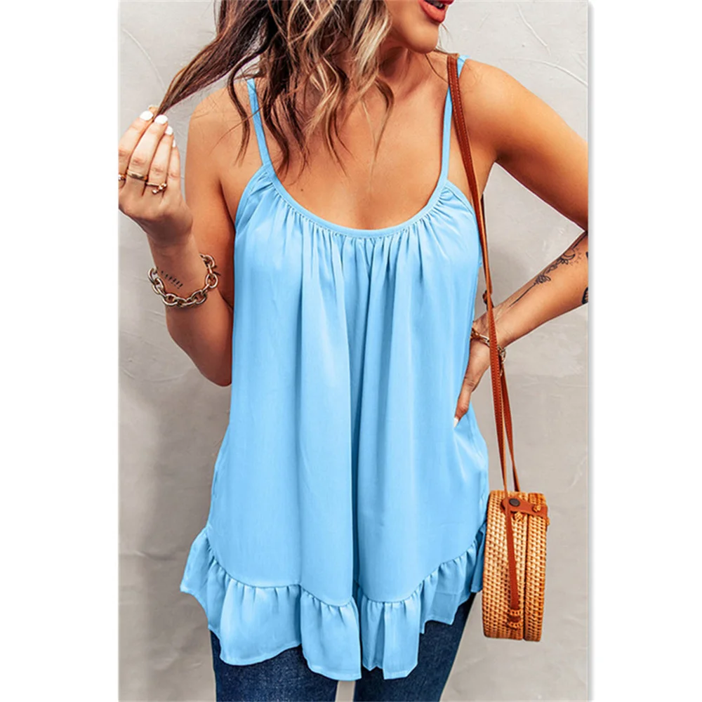 

2022 Lady Ruffle Patchwork Shirt Women Spaghetti Strap Vest Summer Sleeveless Solid Casual Loose Female Street Tank Tops T Shirt