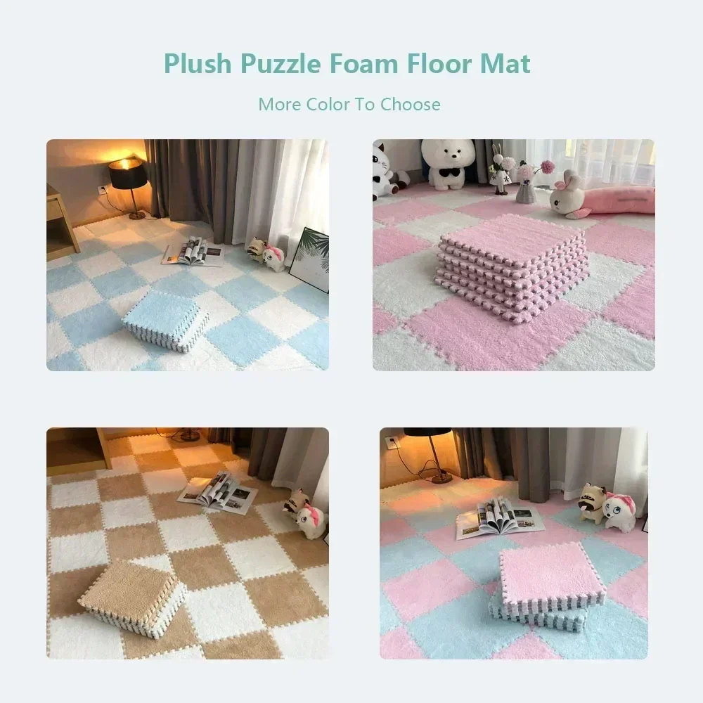 10PCS Soft 10 Pcs Plush Puzzle Foam Floor Mat, Splicing Carpet, Anti-fall Bedside Mat 30*30 CM  Small Rugs for Bedroom