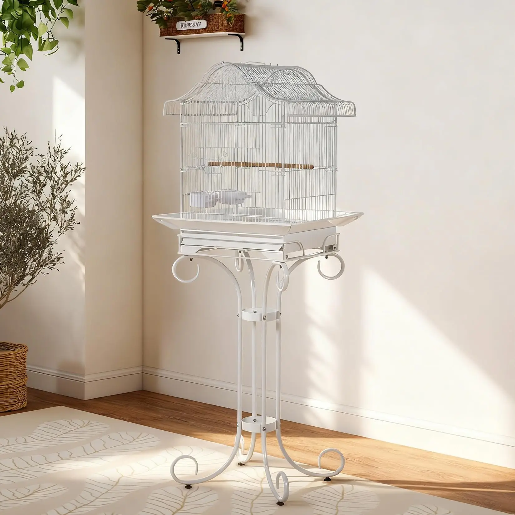 

57" Vintage Scrolled Bird Cage Heavy-Duty Metal Victorian Parrot Cage With Stand Slide-Out Tray Bowls & Non-Toxic Coating
