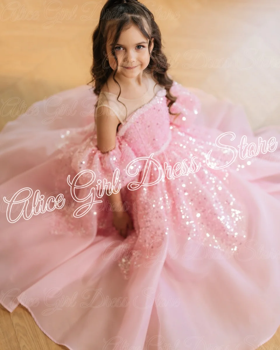 Shining Pink Sequins Flower Girl Dress For Wedding Floor Length Princess Girl Birthday Party First Communion Gown Customized