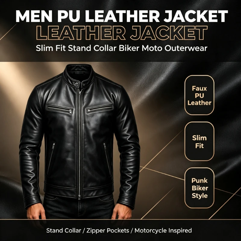 Men Stand Collar Faux Leather Jacket Slim Fit Punk Pilot Bomber Biker Moto PU Outerwear Zipper Casual Male Fashion Coat