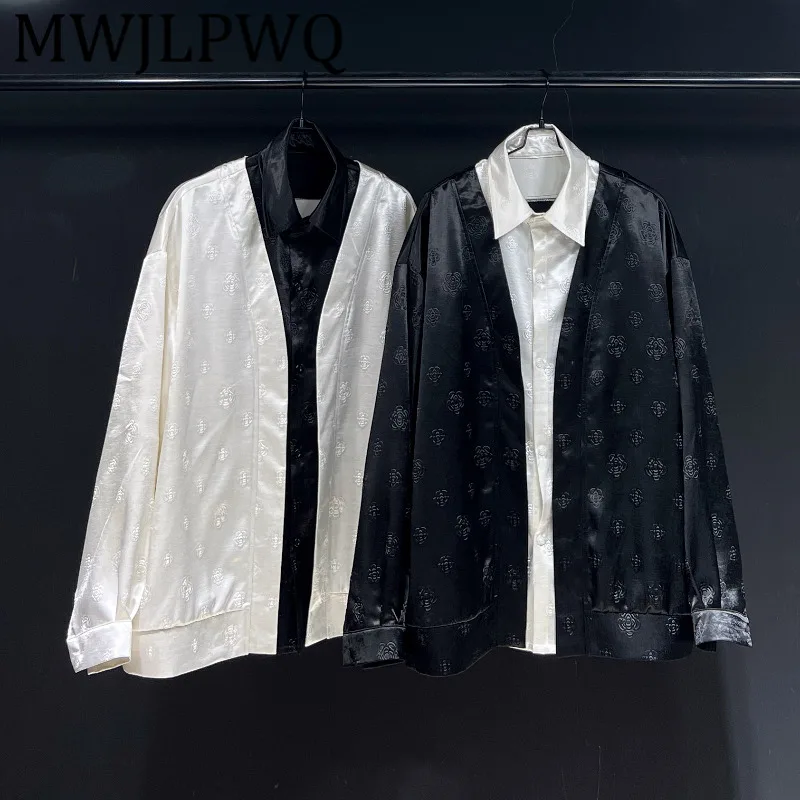 

MWJLPWQ Contrast Colorr Design 2025 New Elegant Style Shirt Long Sleeve For Men Lapel Flower Single Breasted Couples Tops 11790