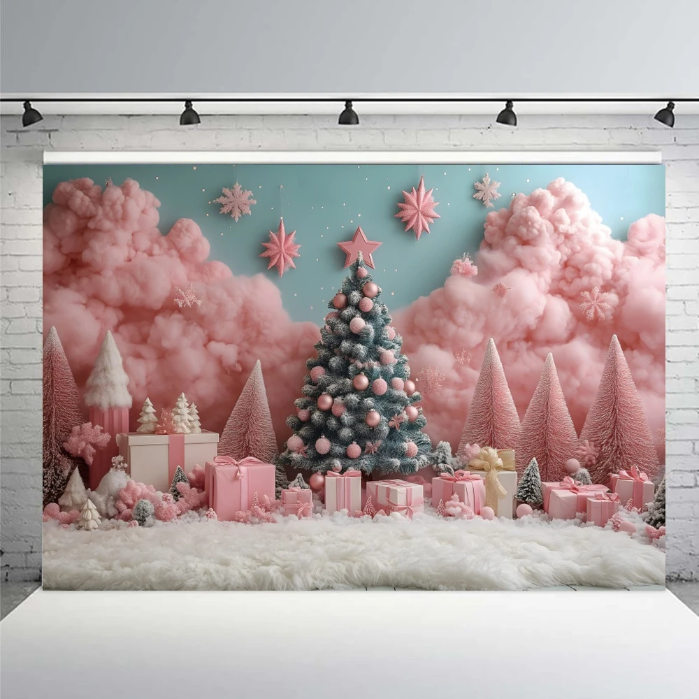 Christmas Photography Background Winter Snowflake Glitter Xmas Tree Home Wall Banner Pink Balloons Bells Girl Portrait Backdrop