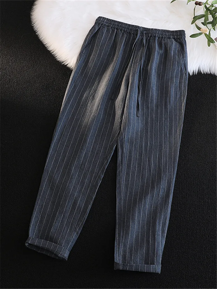 

Мужские льняные брюки: летние, тонкие, из хлопка и льна, прямого кроя, повседневные, в ретро-стиле, с полосками, в японском стиле, укороченные, свободного кроя