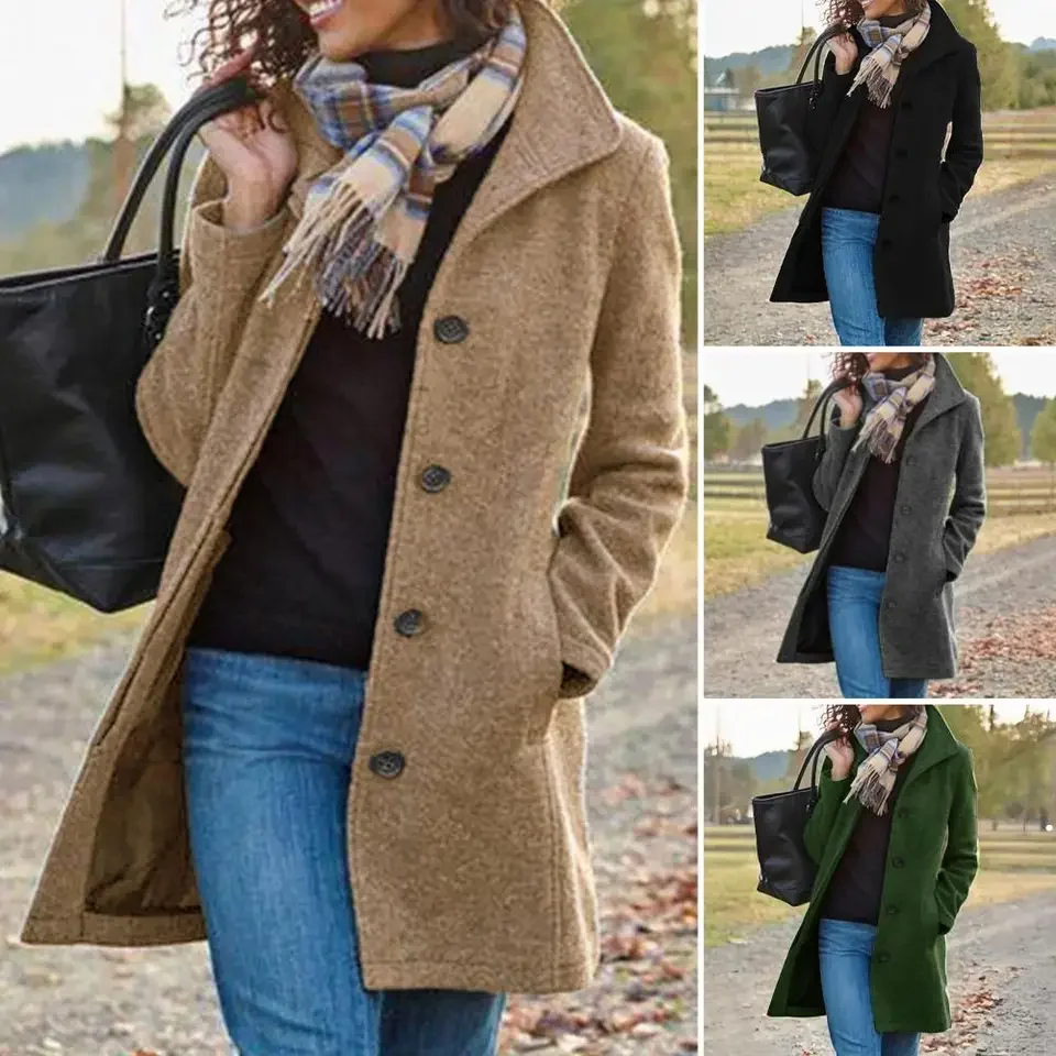 

Feminine Long Coat Elegant Mid-length Wool Coat for Women Notch Lapel Trench Coat with Thicken Overcoat Stylish Winter for Work