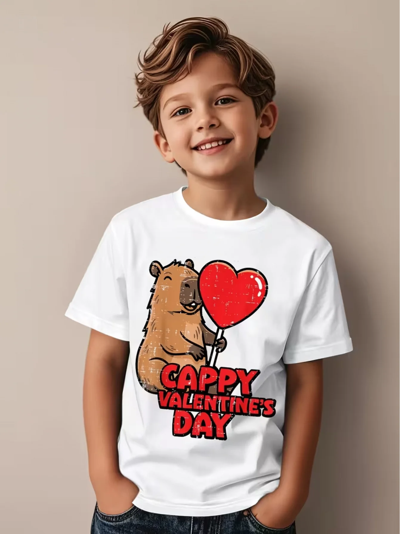 Capybara Red Heart Kids Tee Cappy Valentine Cartoon Graphic Print Boys Girls Family Matching Cotton Short Sleeve Children Tshirt