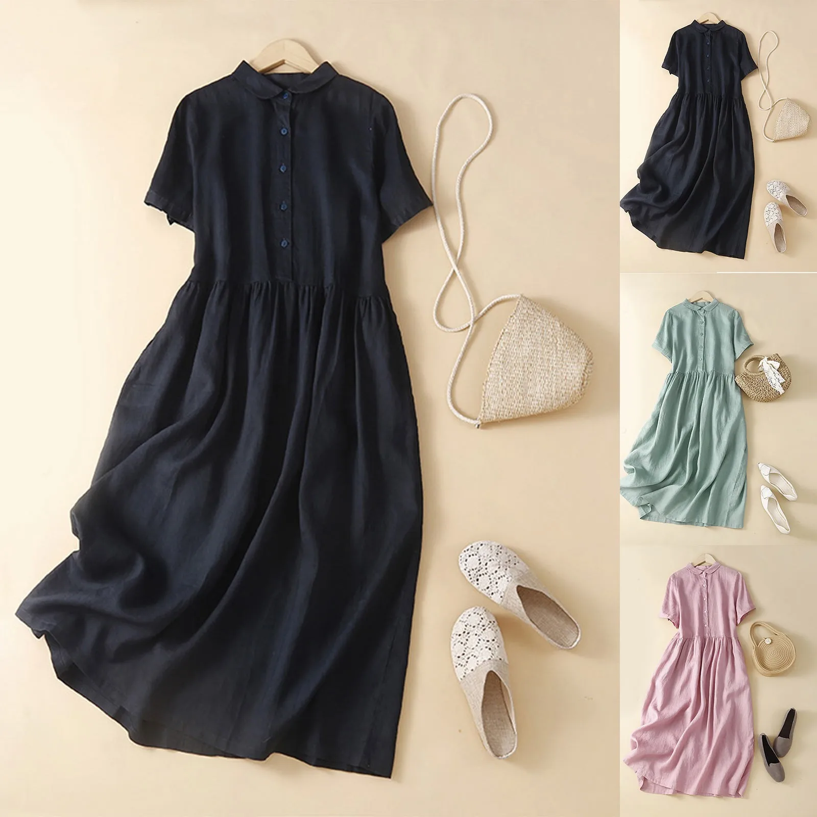 Women's Cotton Linen Maxi Dress Solid Color Peter Pan Collar Short Sleeve Button Down Long Dress Casual Loose Fit Summer Dresses