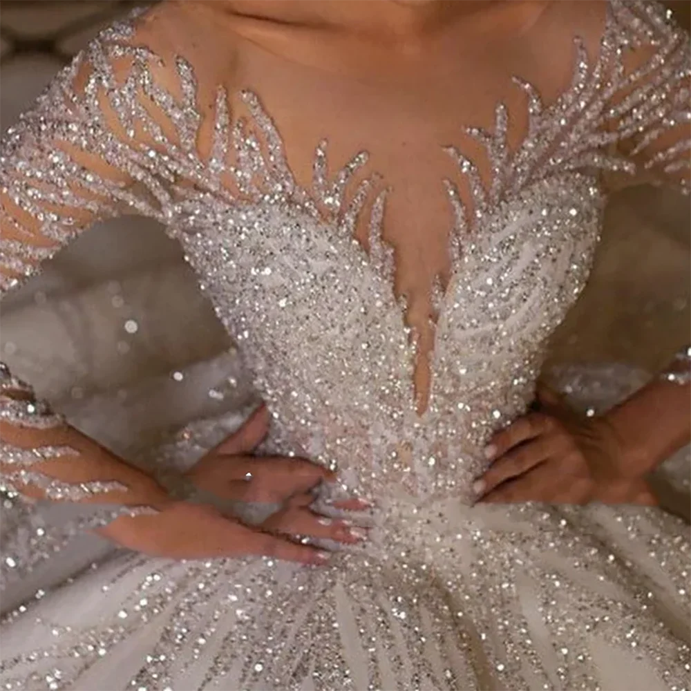 

Luxury Off Shoulder Full Sleeve Beading Backless A-Line Bride Wedding Dresses Bridal Gowns Customized ﻿