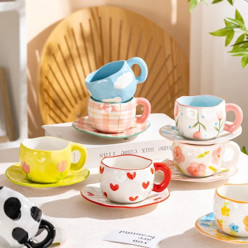 

Handmade Creative Ceramic Cup and Dish Set Hand Drawn Multi Pattern Coffee Cup Can Be Used for Microwave and Dishwasher