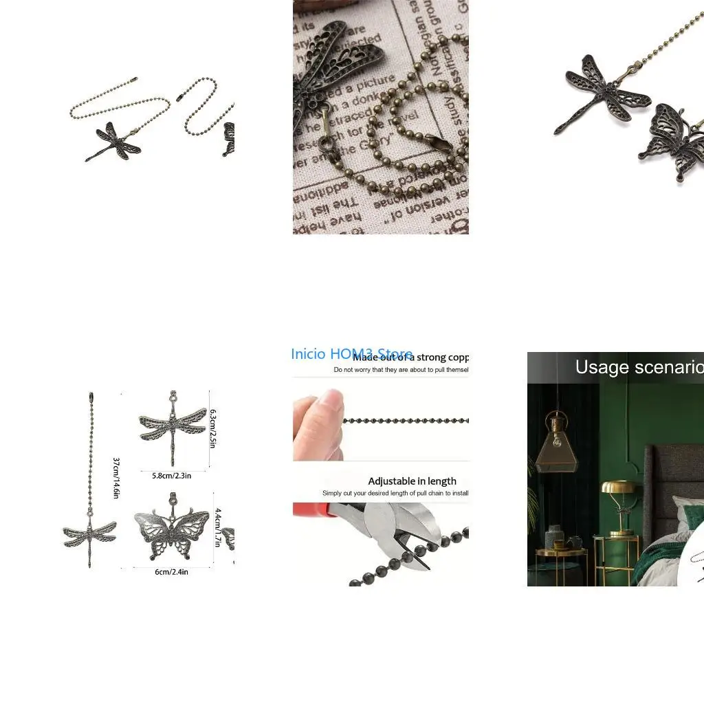 A5YD Elegant Ceiling Fan Pull Chain Set Of 2 With Dragonflies and Butterfly Designs Fashion Accessory for Home Decoration