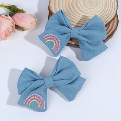 2Pcs Sky Blue Hairpins With Embroidered Rainbow Bow Handmade Pinches Girl Hair Clips Children School Party Accessories Headwear