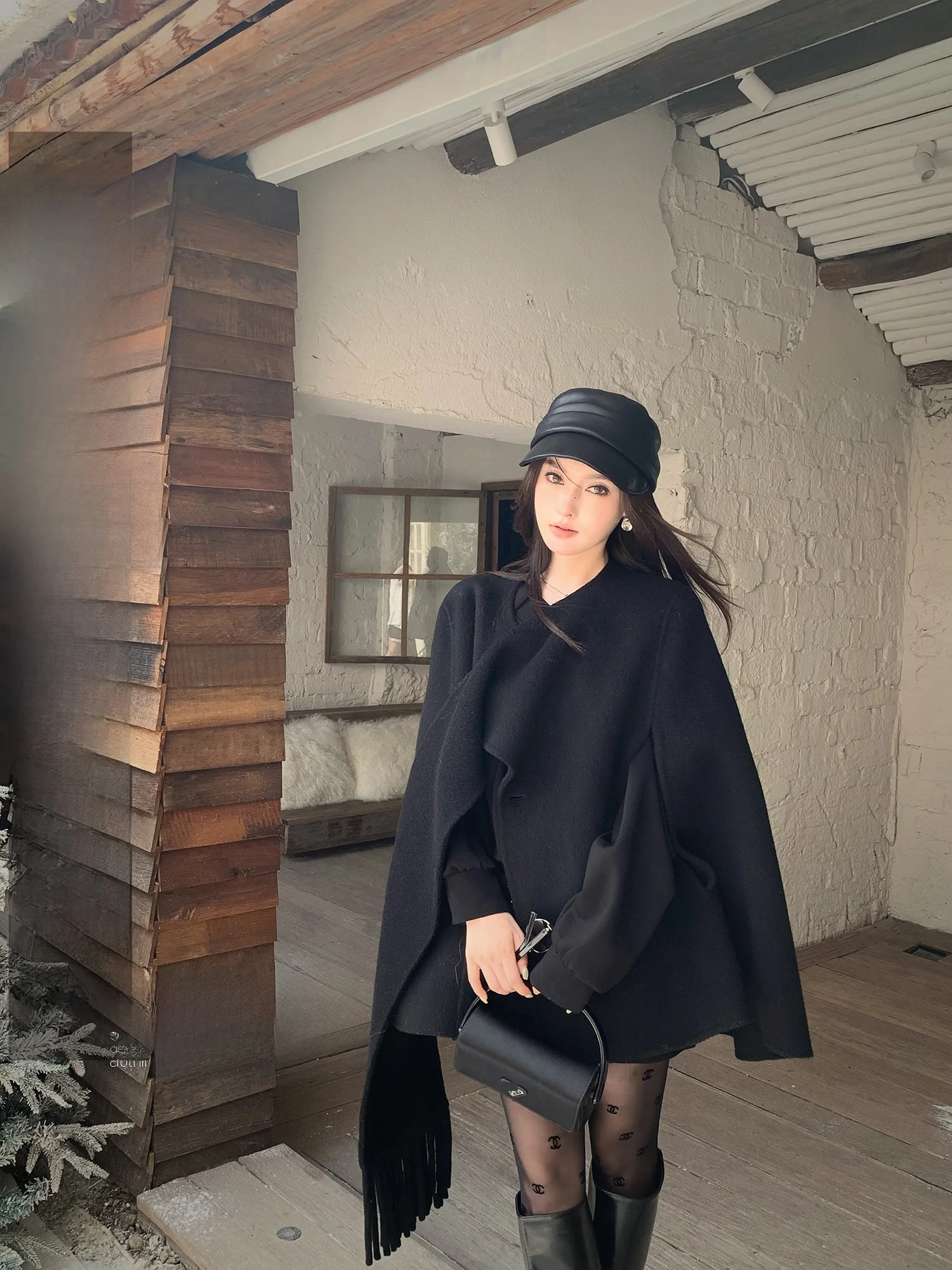 

KAS Vintage Loose Design Woolen Double-Faced Tweed Scarf Coat ort Sle Luxury Feel ort Coat Pure Color Pattern