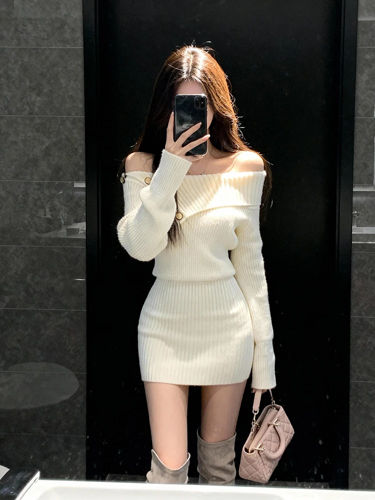 Pure Desire One-Shoulder-Umlegekragen gestrickt lang Sve Dr Damen Faionable Spicy Waist-cinching Slim-Fit Ort S...