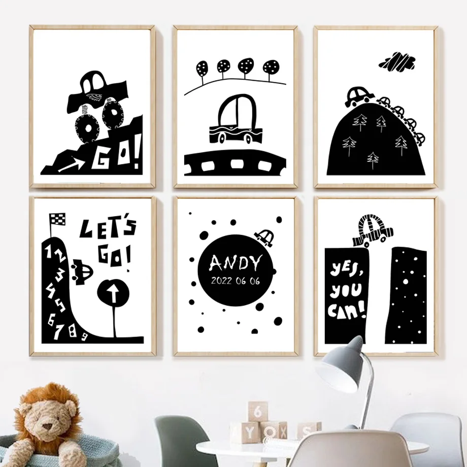 Black White Car Wall Art Canvas Poster Print Date Cartoon Vehicle Boys Bedroom Nursery Kids Room Inspirational Home Decor Gift