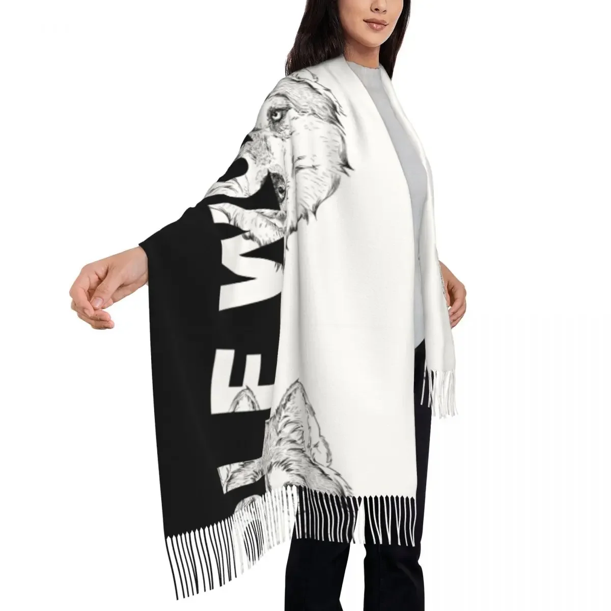 Wolf Portrait Black And White Print Women's Pashmina Shawl Wraps Fringe Scarf Long Large 