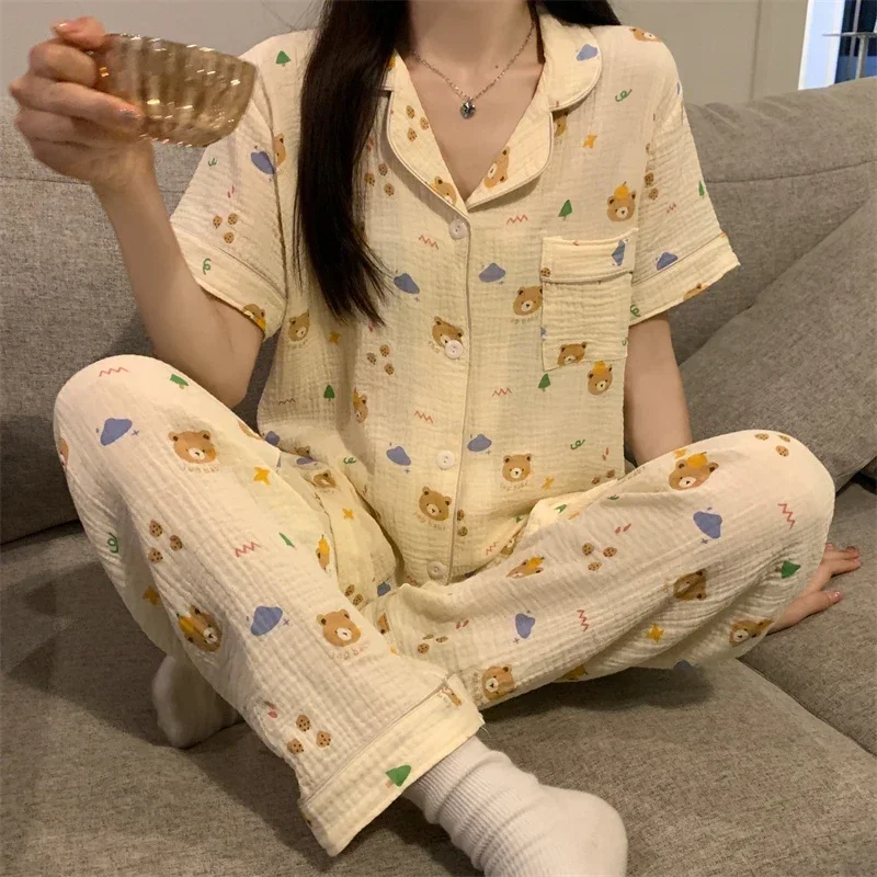 2023 Summer Cotton Short Sleeve Long Pants Pajama Sets For Women Korean Cute Cartoon Sleepwear Suit Pyjama Homewear Home Clothes