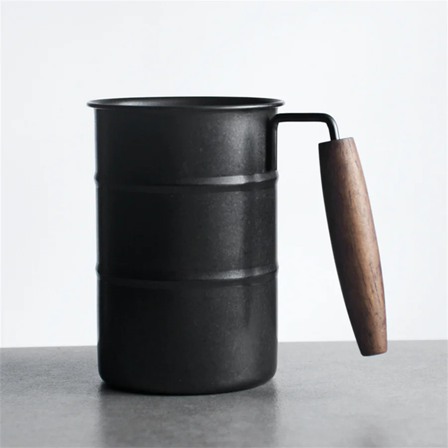 Black 304 Stainless Steel Mug With Handle Coffee Cup Wooden Handle Water Glass Beer Cup Retro Outdoor Camping Cup