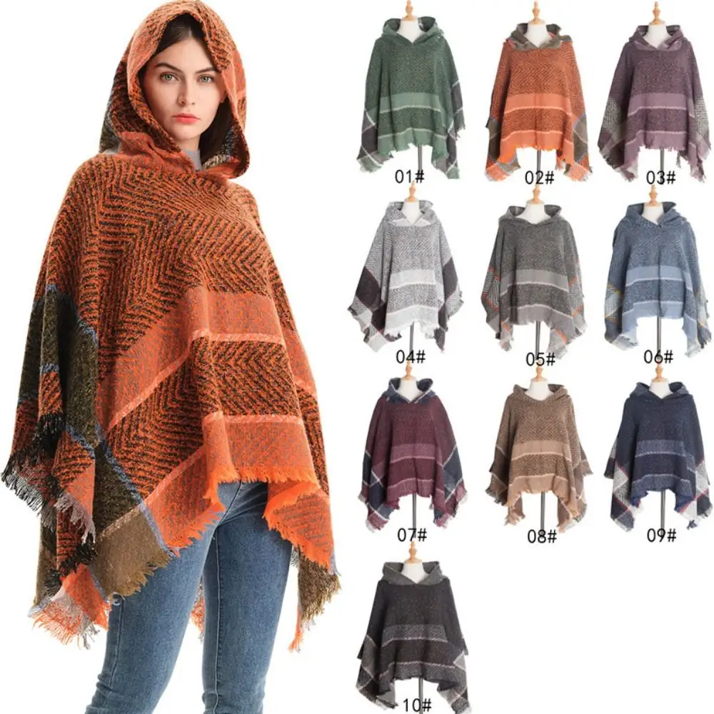 Capa con Capucha y Borlas Retro, Patrón de Espinas de Pescado, Mantón de Invierno a Cuadros, Cálido para Cuello y Hombros para Niñas