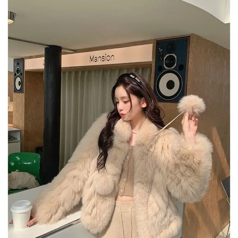 Luxury Chic Fluffy Fur Coat Women Cute Fur Ball Warm Winter Furry Faux Fur Jacket Cropped Jacket Long Sleeve Windproof Coats New