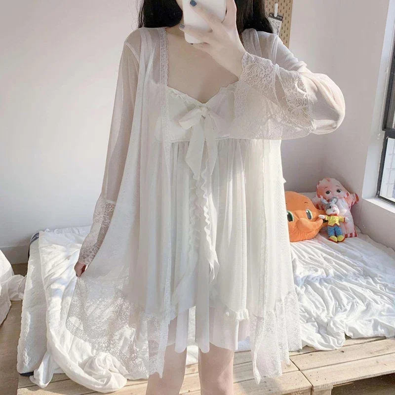 2024 Summer 2PCS Silk Satin Sexy Lace Lingerie Nightgowns Robes Sets For Women Korean Bathrobes Sleepwear Nightdress Night Dress