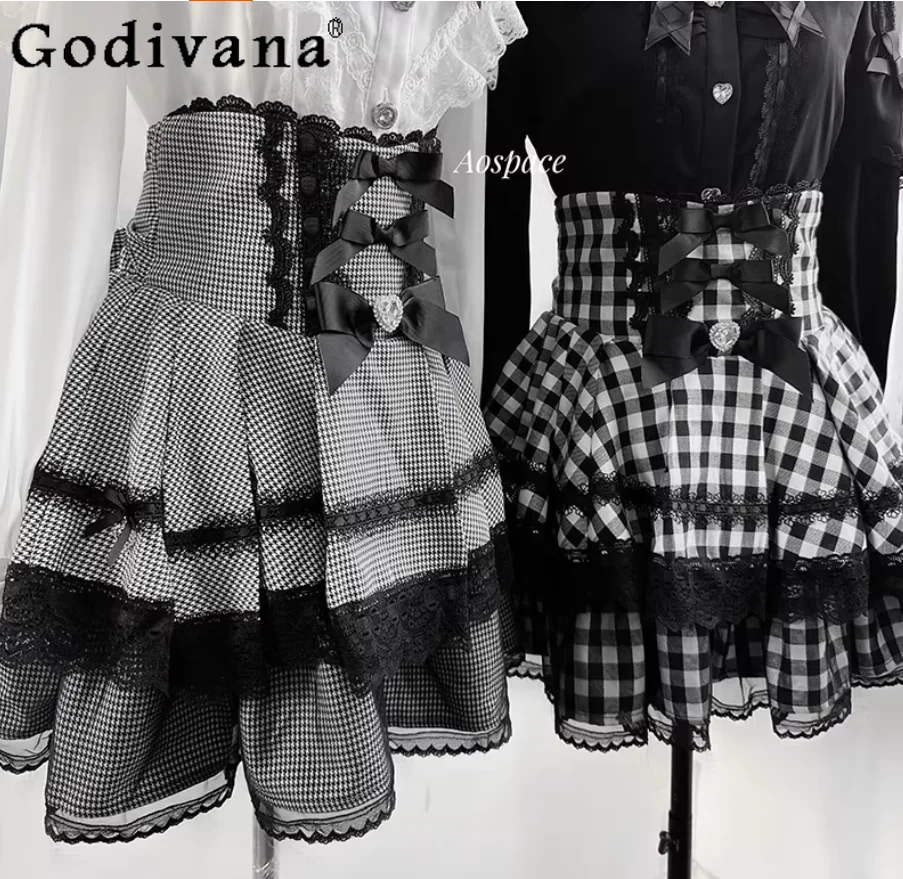 

Spring New Original Design Japanese-style High-waisted Slimming Short Skirts Sweet Girls Cute Bow Lace Lolita Skirt for Women