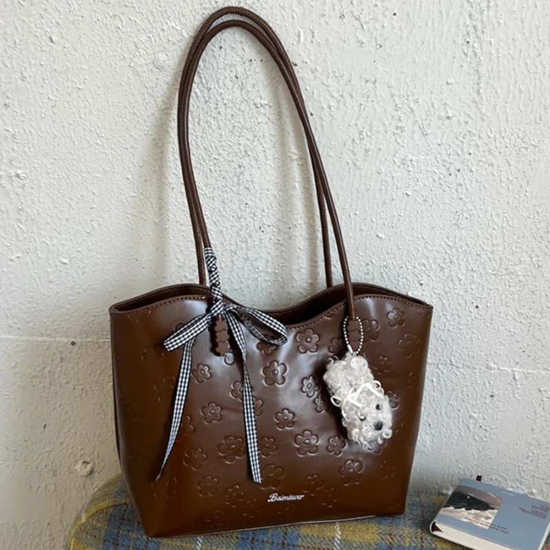 Korean Floral‑embossed Tote Bag For Women Solid Color Simple PU Leather Hobo Handbag Ladies large Zippered Commuter Underarm Bag