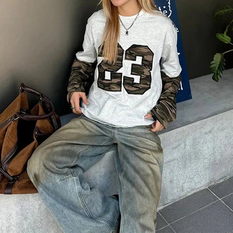 アメリカンヴィンテージ迷彩プリントTシャツ レディース パッチワーク Oネック 長袖 ストリートTシャツ 原宿 Y2K ルーズ カジュアルトップ