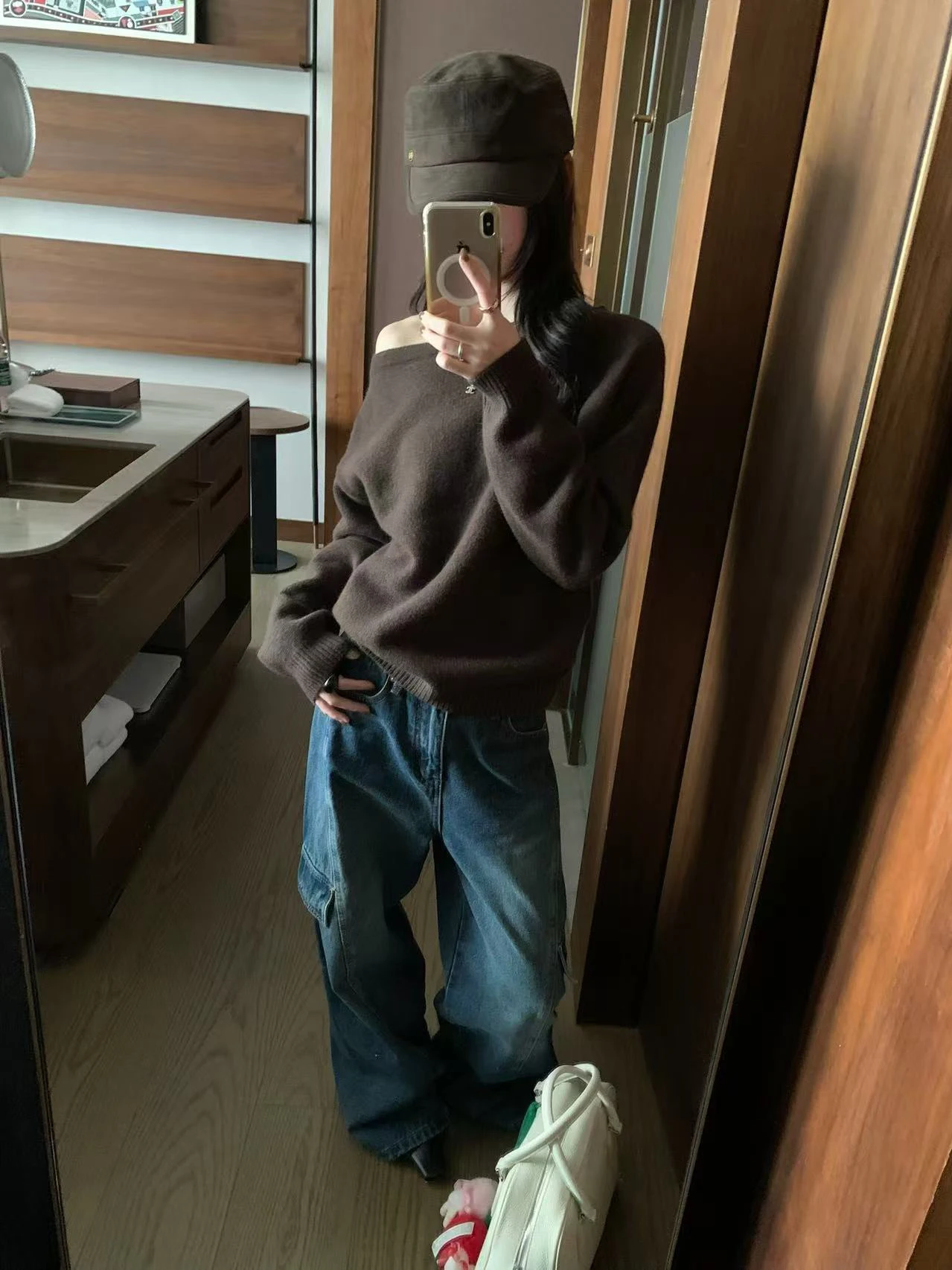 

Soft Pure Color Design Knob oulder Bared Warm Autumn Winter Knitted Sweater Loose Fit Long Sve Women's Top