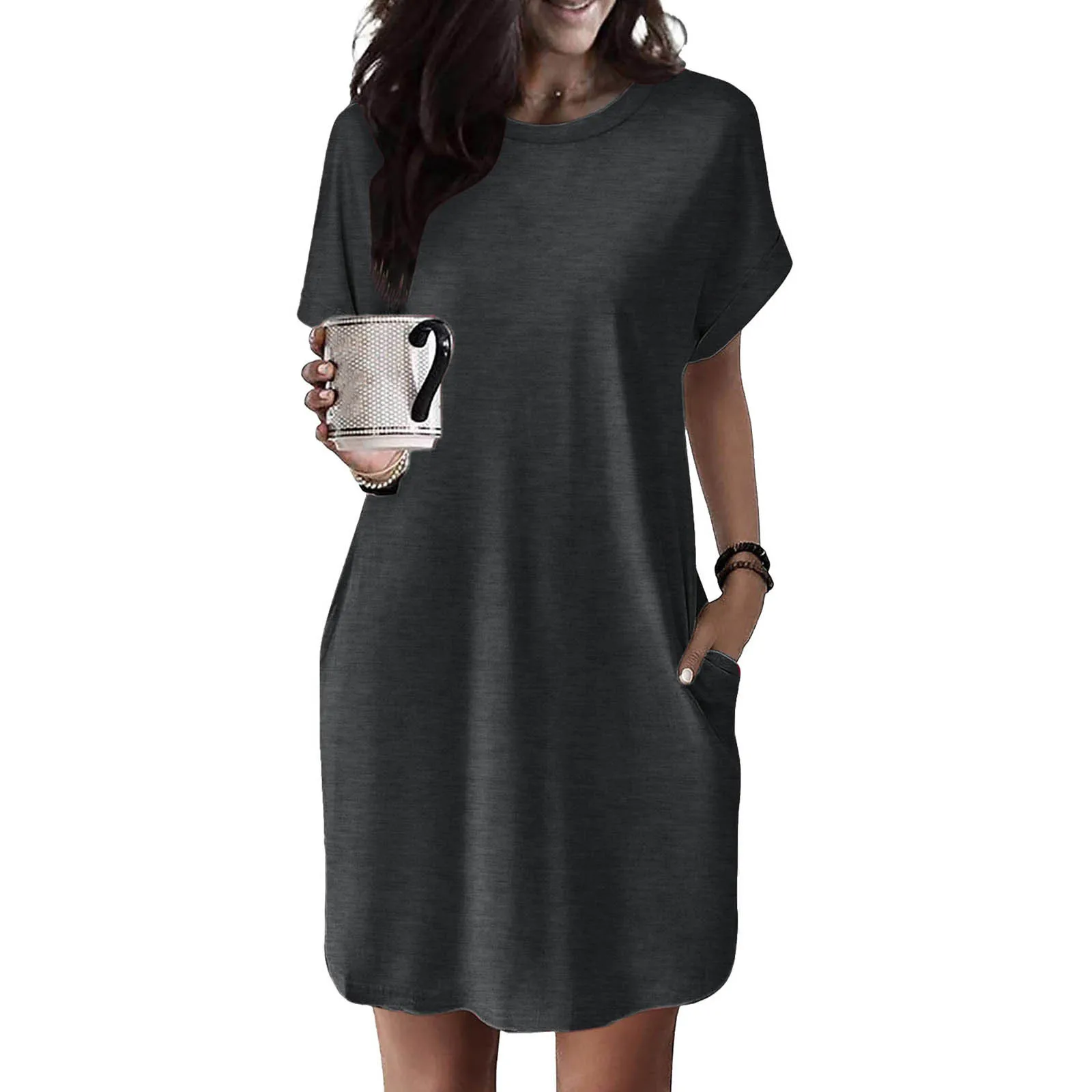 

Ladies Soft T-Shirt Dress Short Sleeve Casual Summer Tunic Dresses Loose Casual Solid Color Vestido Outwear With Pockets 2024