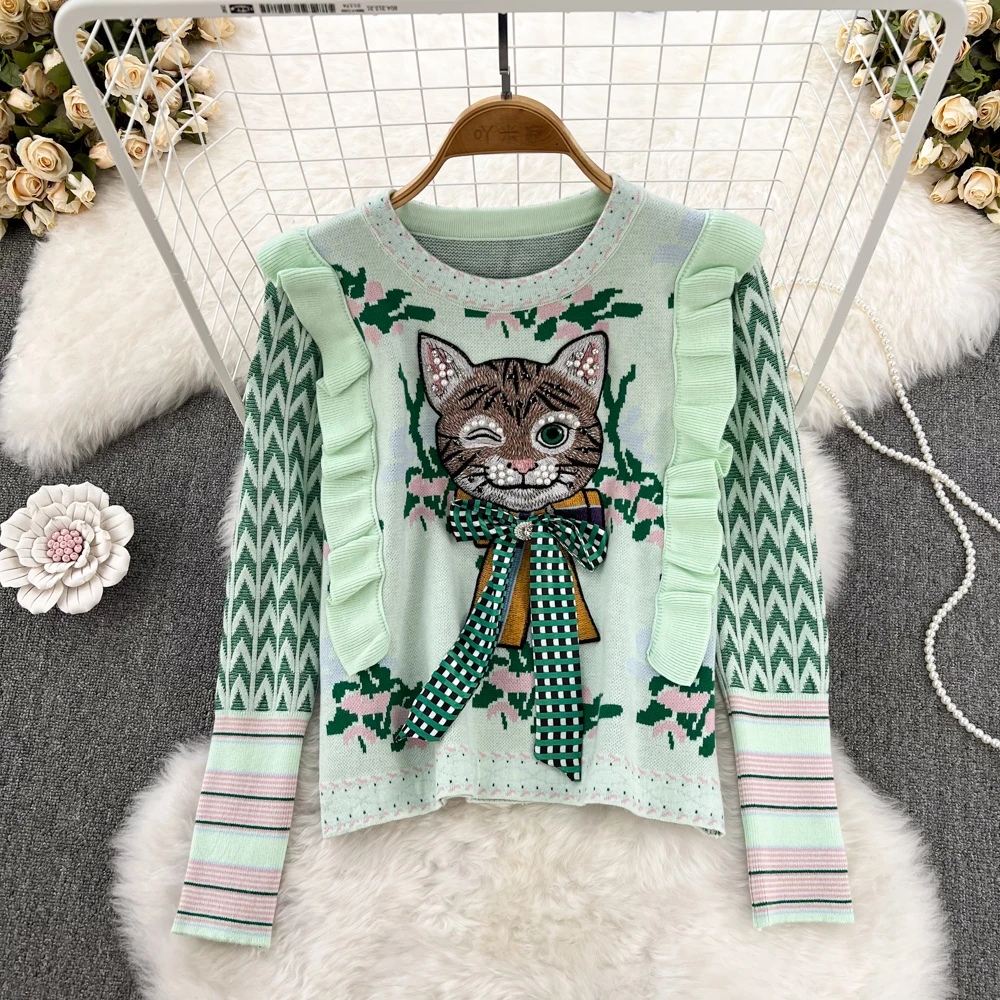 Spring Fashion Embroidered Cat Sweater Woman Clothing 2025 Sweet Bowknot Ruffles Splicing Knitted Stretchy Casual Pullover Tops