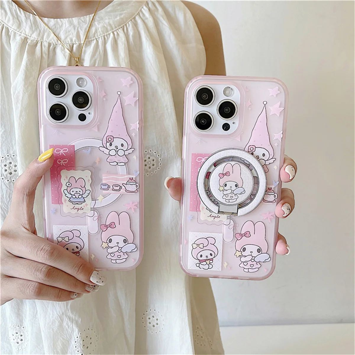 

Korean Cute Pink Melody Magnetic Phone Case For iPhone 16 Pro 15 13 14 Pro Max Back Cover with Stand For Magsafe