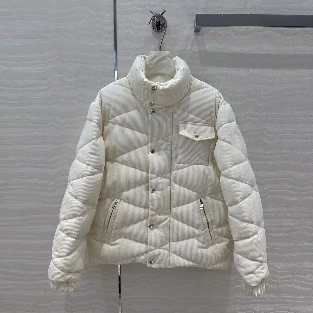 2024 New Fashion Winter 90% White Goose Down Coat Women Beige Corduroy Stand Collar Argyle Quilting Bread Style Loose Jacket