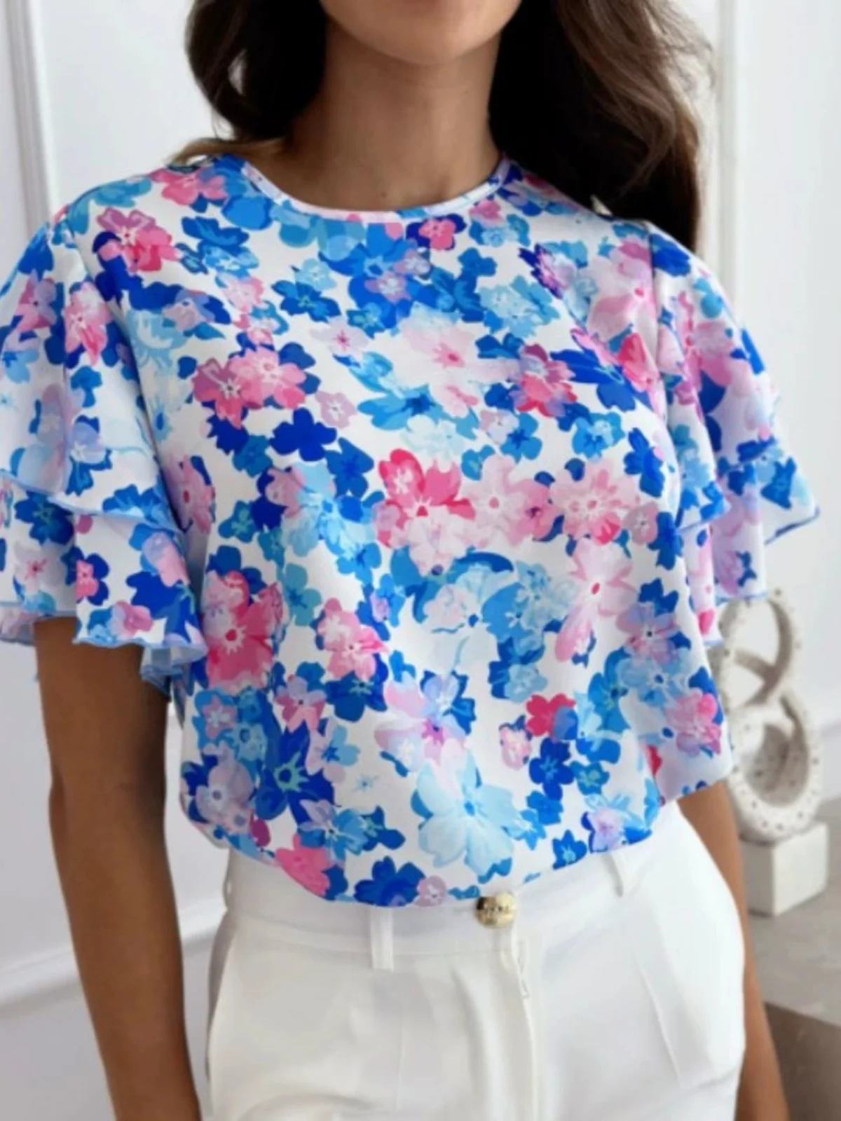 

Sweet Fre Летняя круглая блузка Ne Floral Simple Lace Sve ort Sve irt Женский топ из полиэфирного волокна прямого кроя