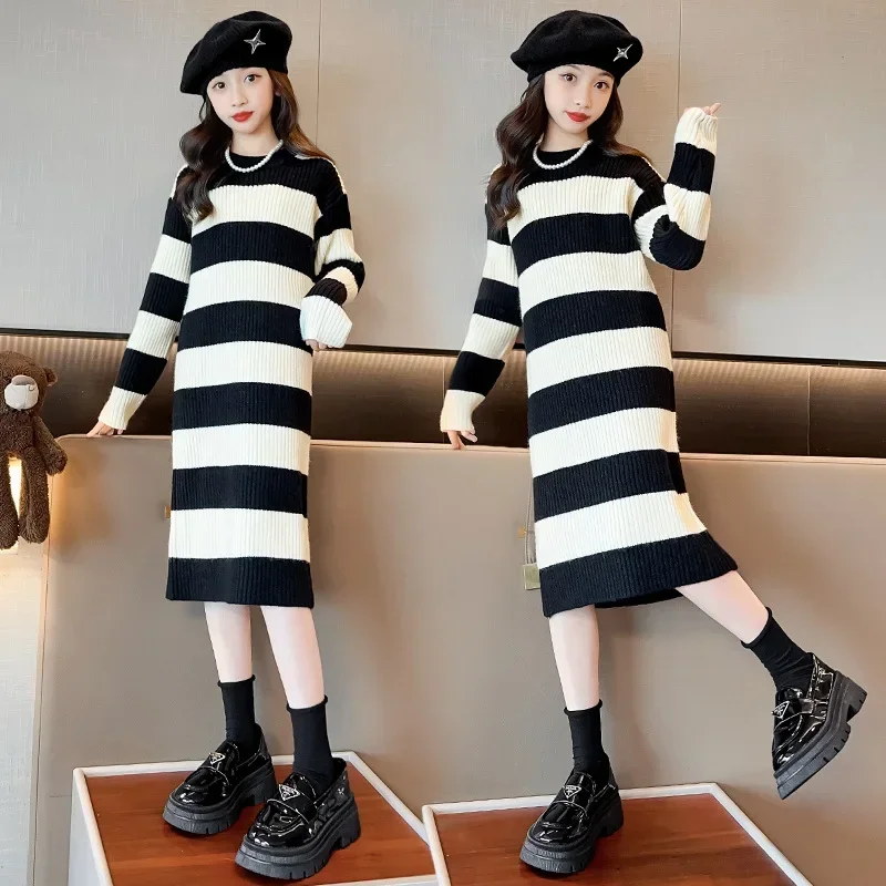 

Spring Autumn School Girl Long Sweater Teenager Girl Striped Thicken Warm Pullover Knitted Child Girl One-piece Dress Knitwears