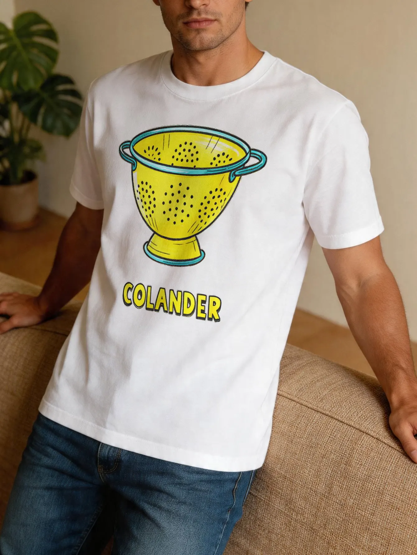 Mens Retro Colander Graphic T Shirt Kitchen Strainer Cartoon Print Short Sleeve Crew Neck Casual Cotton Male Daily Wear Tee