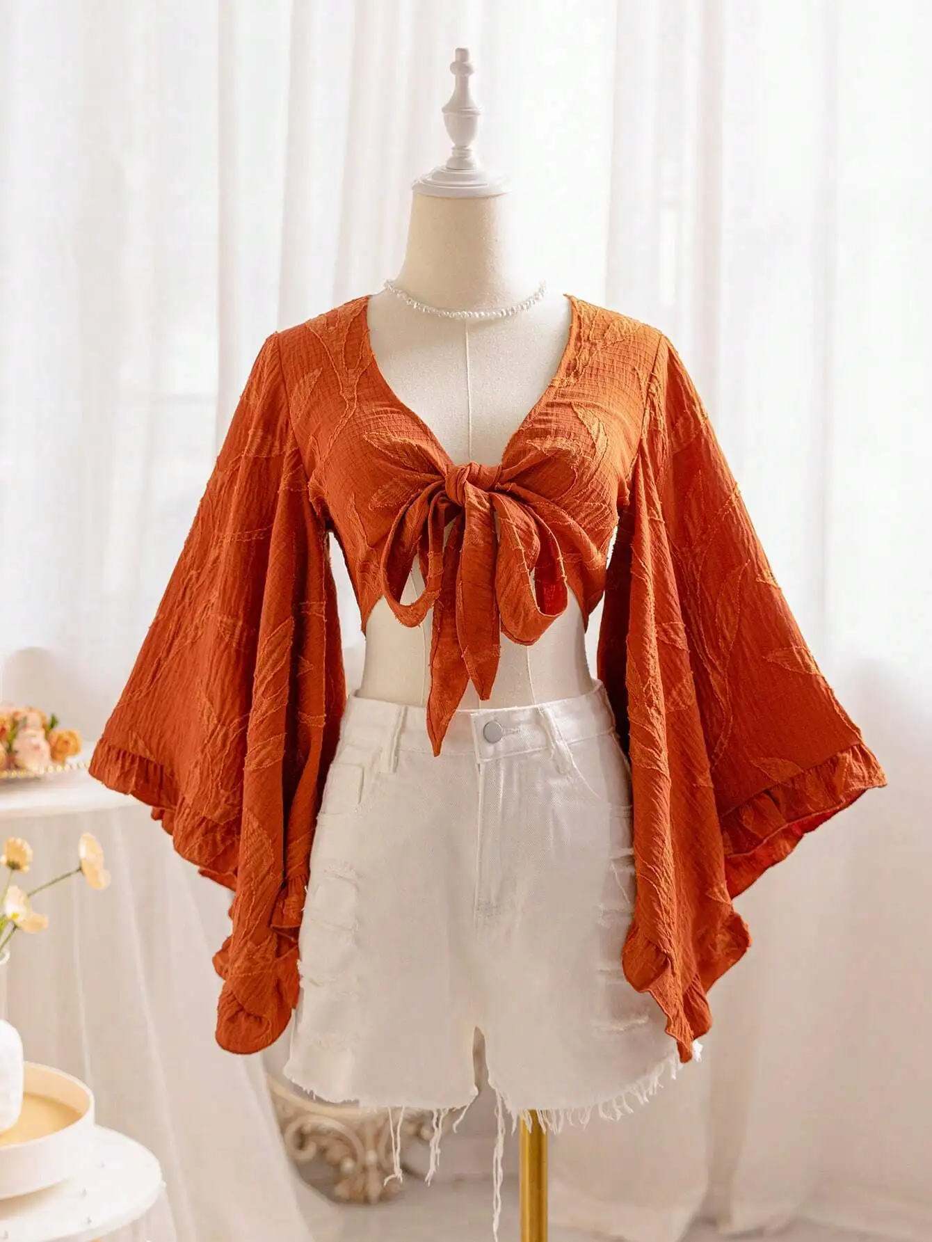 

Women Bohemian Floral Embroidered Open Front Tie Knot Flare Sleeve Ruffle Cuff Blouse