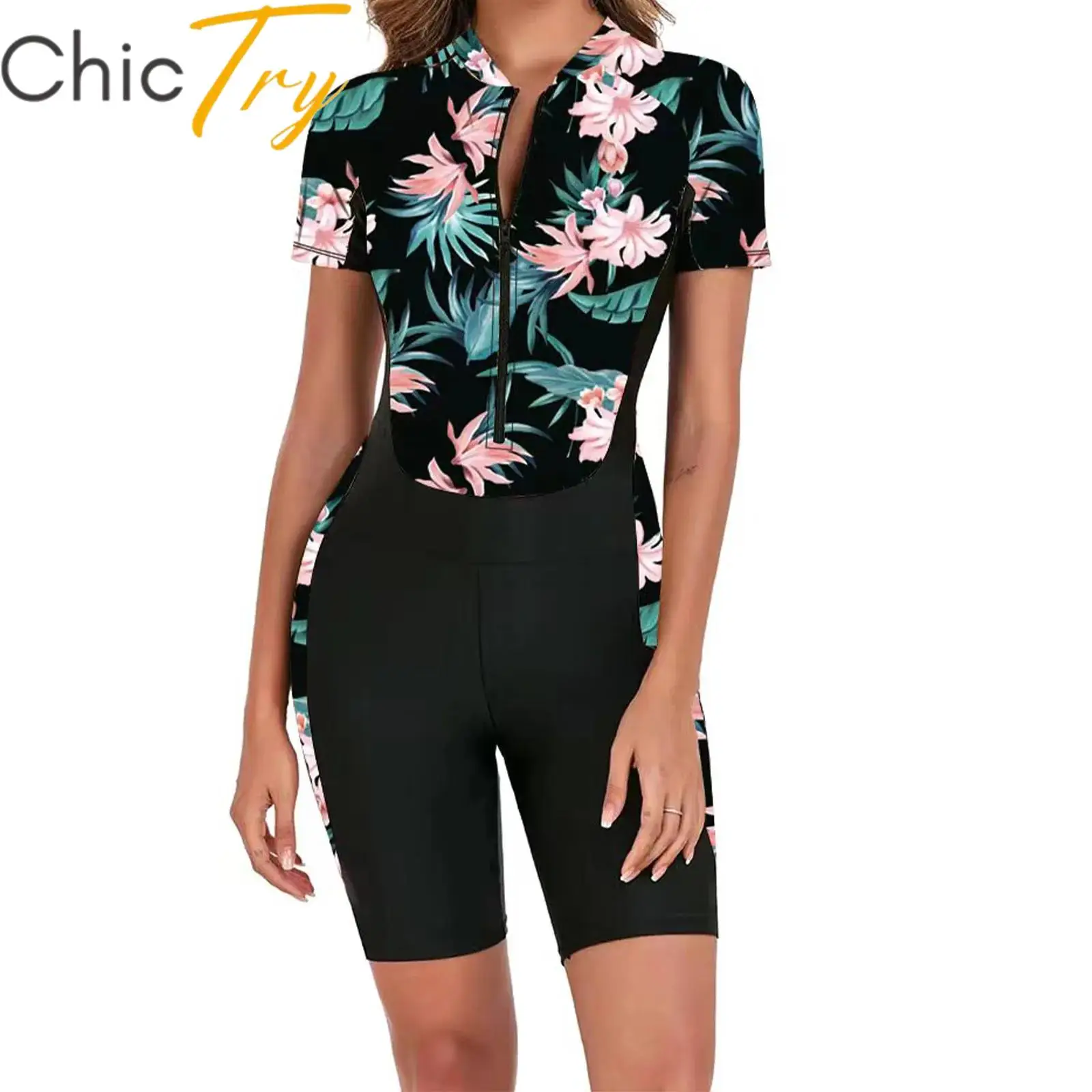 

Womens Swim Leotard Printed One Piece Rash Gurad Short Sleeve Front Zipper Boyleg Swimwear Bathing Suit Sun Protection Beachwear