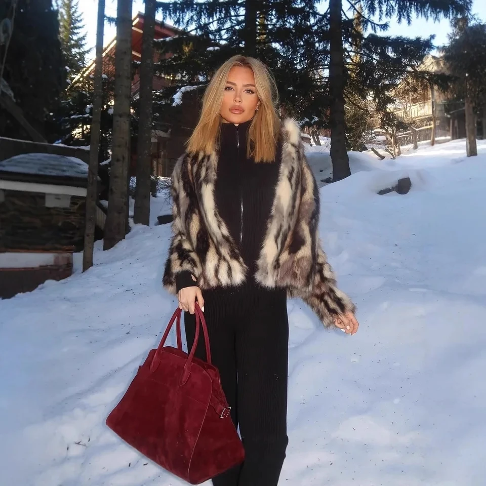 2025 New Black White Spotted Pattern Short Faux Fur Coat Women  Warm Upper Garment Autumn Winter Fashion Trendy Style