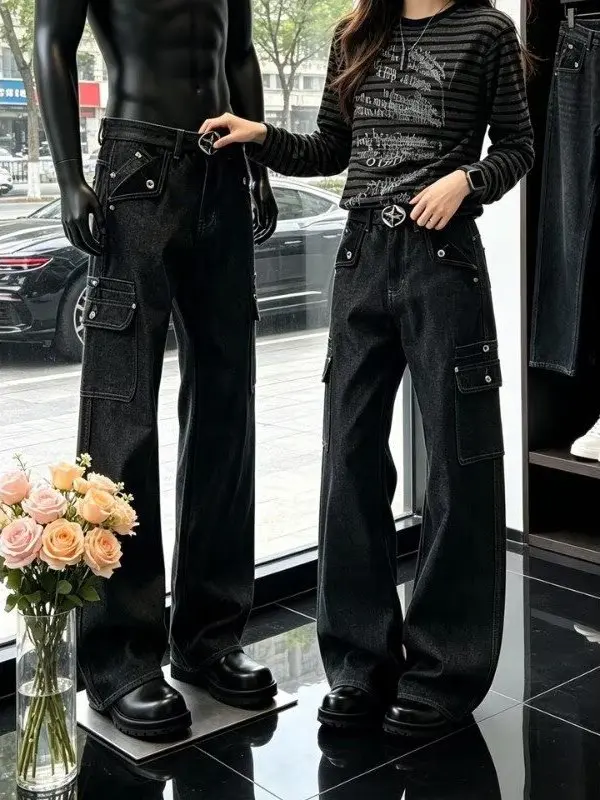 American Retro Versatile Deconstructed Workwear Jeans Casual Wide Leg Pants Multiple Pockets Straight Leg Long Trousers